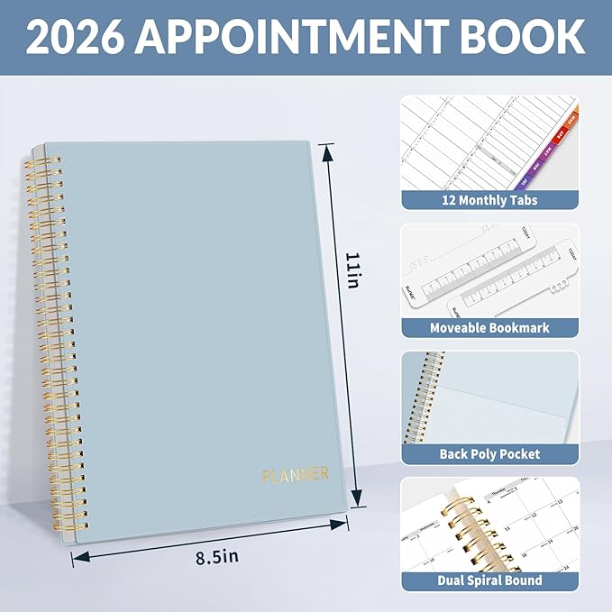 SUNEE 2026 Appointment Book, Quarter-Hourly, Weekly & Monthly - from January 2026 - December 2026, 8.5"x11" Weekly Planner, Flexible Cover, Note Pages, Pockets, Bookmark, Spiral Binding,