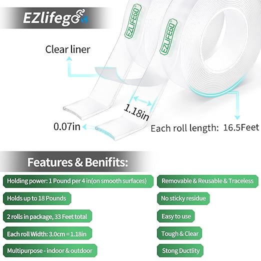 EZlifego Double Sided Tape Heavy Duty(Extra Large, Pack of 2, Total 396 Inch), Nano Double Sided Adhesive Tape, Clear Mounting Tape Picture Hanging Strips, Removable Wall Tape Sticky Poster Tape Decor