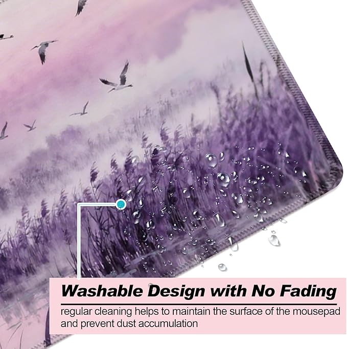 Purple Fantasy Tower and Egret XL Large Desk Mat, Extended Long Desk Pad for Gaming and Office, Non-Slip Rubber Base, Comfortable Surface Mouse Pad, 31.5x11.8 in (H25)