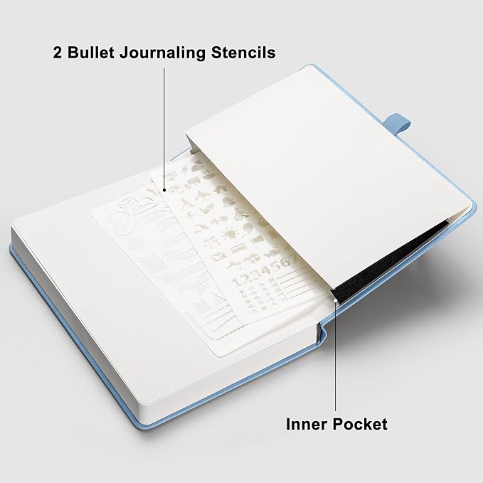 RETTACY Dotted Journal Notebook, 192 Pages, A5 Medium Size (5.7'' x 8.3''), Leather Hardcover, 100 GSM Thick Paper, for Bullet Journaling, Planning, Tracking (Light Blue)