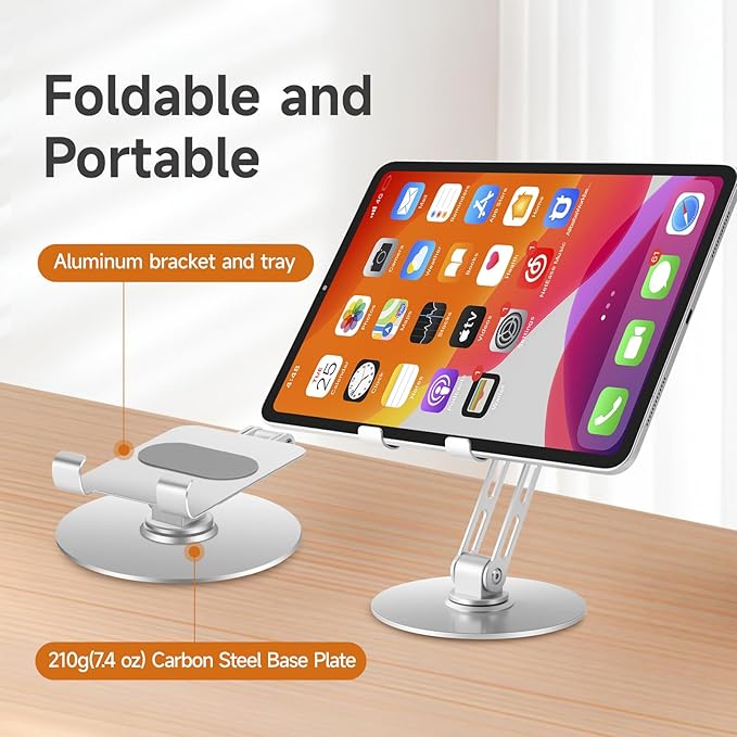 Foldable Desktop Phone Stand for Desk with Adjustable Height up to 6.7inch/17cm Sturdy 360° Rotating Desktop Holder for 4-11 Inch Cell Phones/Tablets, Aluminum Alloy/Carbon Steel Base