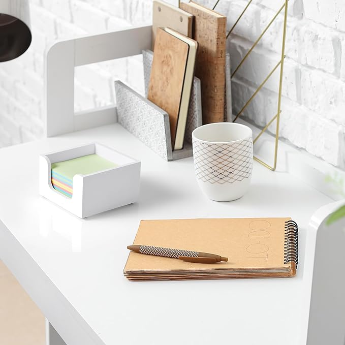 Bivvclaz Wood Sticky Note Holder, 3 x 3 Inch Post It Note Dispenser for Office Desk Accessories, Self Stick Note Pad Holder, Memo Pad Holder Dispenser Organizer for School Office Desk Supplies, White