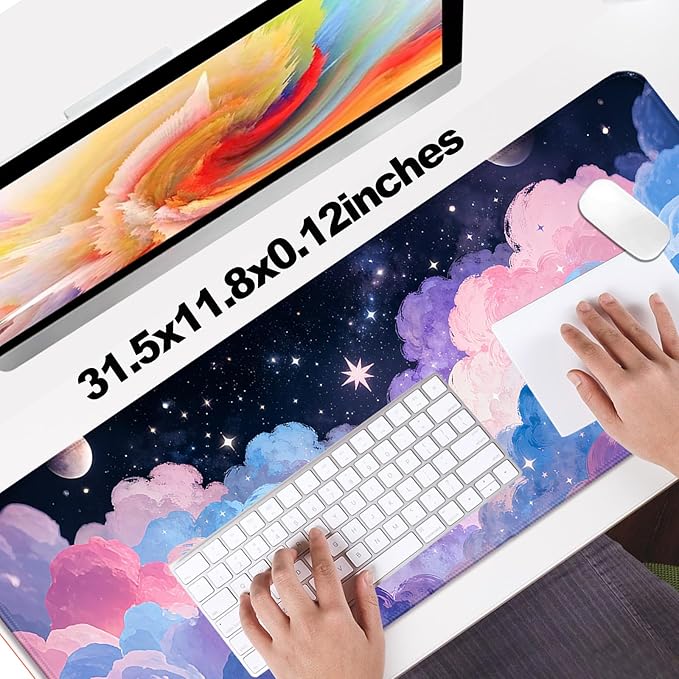 Dreamy and Pretty Pastel Clouds XL Large Desk Mat, Extended Long Desk Pad for Gaming and Office, Non-Slip Rubber Base, Comfortable Surface Mouse Pad, 31.5x11.8 in (H09)