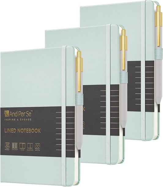 &And Per Se Lined Journal and Pen Set (3 Packs), A5 Leather Hardcover Notebook with Pen & Stationary Set, 160 Pages 100GSM Thick Ruled Paper Journal for Business Work Writing (Cyan)