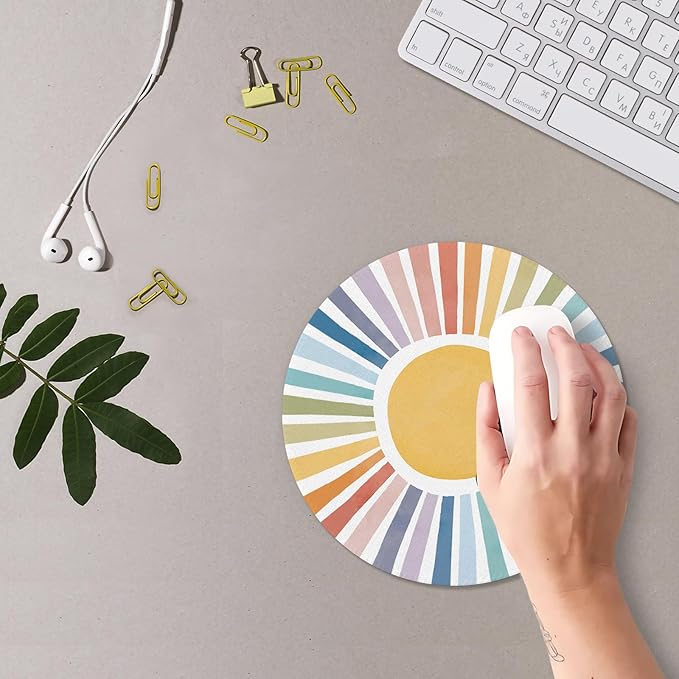 Boho Colorful Rainbow Sun Mouse Pad, Cute Rainbow Sunshine Mouse Pads Mousepad for Desk Home Office Dorm Computers Laptop, Boho Office Supplies Desk Accessories, 7.9x7.9 Inch