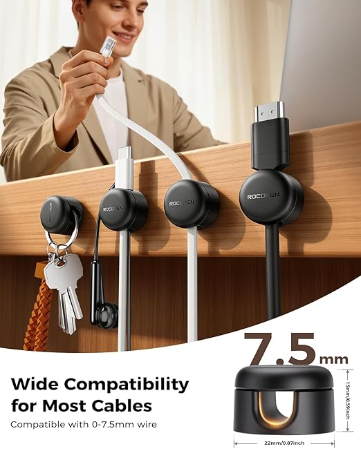 Rocoren 9 Pack Cable Clips [Upgraded], Magnetic 360° Rotatable Cord Holder, Adhesive Cable Management Organizer, Wire Keeper for Nightstand Desk Car Home Office Accessories