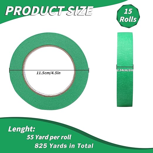 15 Rolls Green Painters Tape Bulk 1 inch x 825 Yards, Painters Masking Tape No Residue Wall Painting Tape Artist Tape Trim Edge Finishing Tape for Wall Painting Decoration DIY Supplies