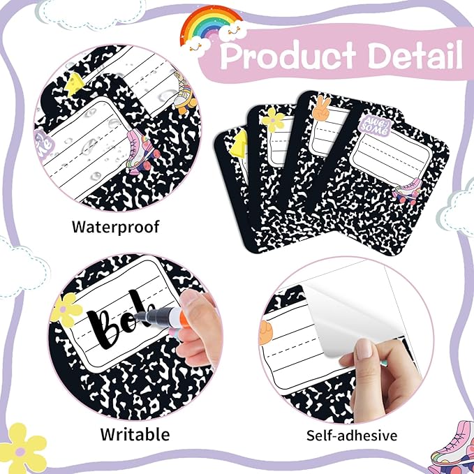 Starboling 36 Pcs Name Tags,6 x 7 Inch Adhesive Desk Nameplates Composition Notebook for Classroom Elementary,Kindergarten,Preschool Teacher Supplies
