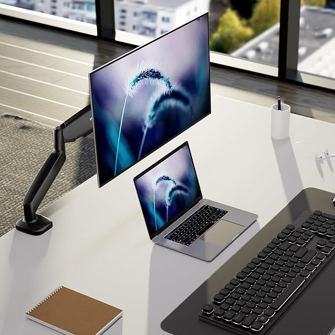 Mount-It! Monitor Arm – Single Monitor Desk Mount, Articulating Gas Spring Arm, Fully Adjustable 13"-32" Screens, VESA 75x75 100x100, Clamp & Grommet Base, Holds 17.6 lbs