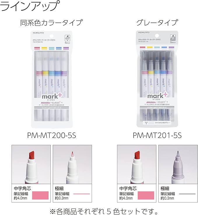 KOKUYO Pastel Highlighters, Dual-Tip Highlighter Markers for Bible in Assorted Colors, Fine & Chisel Tip No Bleed Quick-Dry for Journals, Planners, Notes, Grey Colors. Japan Import (PM-MT201-5S)