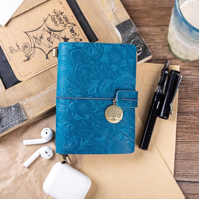 Refillable Leather Journal, Handmade Blue Leather Notebook with Bookmark for Men & Women, Vintage Notepad Sketchbook Perfect for Writing, Gifts, Travelers (Blue, Passport)