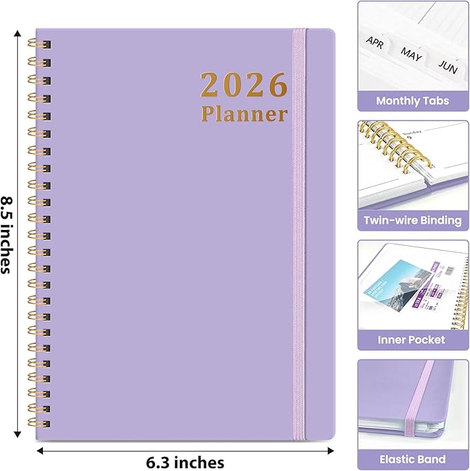 2026 Planner, Weekly and Monthly Calendar Planner, January 2026 - December 2026, Hardcover 2026 Calendar Book with Tabs For Women & Men, Inner Pocket, Spiral Bound, Perfect for Office Home School Supplies - A5 (6.3" x 8.5"), Purple