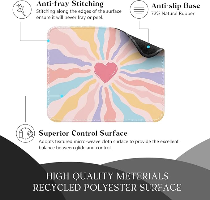 Cute Pink Rainbow Heart Desk Pad Mat with Stitched Edges and Non-Slip Rubber Base, Premium-Textured Mouse Pad for Laptop, Computer & PC, Gaming & Working, Waterproof Mousepad