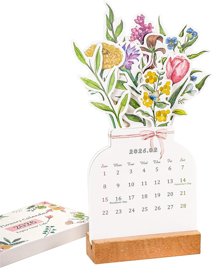 Bloomy Flowers Desk Calendar 2026 Small Desk Calendar Mini Standing Decorative Floral Desktop Calendar for Home Office School Desk Accessories