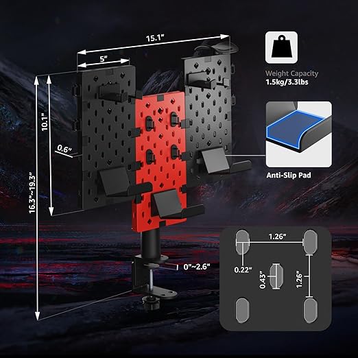 PEGZONE Modular Headphone and Controller Holder for Game, Clamp-on Pegboard, Rotatable Controller Stand with Cable Hooks, Gaming Accessory for Xbox PS5 PS4 Nintendo Switch, 3Pcs Pegboard, Red