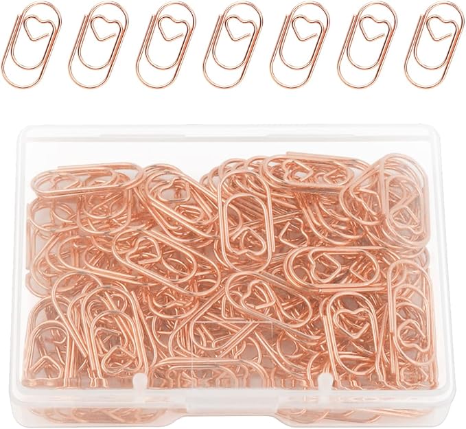 100 Pcs Love Heart Shaped Paper Clips, 0.78inch Cute Mini Paperclips for Office School Home Desk Organizers (Rose Gold)
