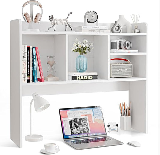 Nova Microdermabrasion Wooden Desktop Bookshelf with 6 Shelves–3-Tier Desk Organizer Hutch for Computer Desk, Home or Office (White)