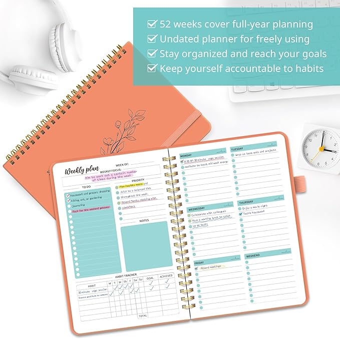 Undated Weekly Planner, Weekly To Do List Notebook with Goal & Habit Tracker Organizer, A5 Weekly Planner Notebook with Spiral Binding, 6.1" x 8.2" - Coral