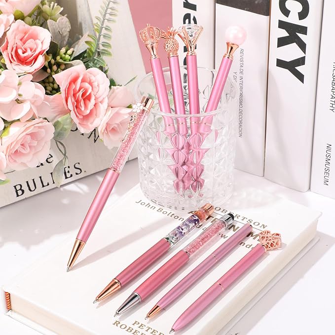 Janmini 9 Pcs Ballpoint Pens Set Metal Crystal Diamond Glitter Pens for Journaling Black Ink Pretty Cute Things Fancy Stationery Gifts for Women Girls Birthday Home Office Desk(Pink Purple)
