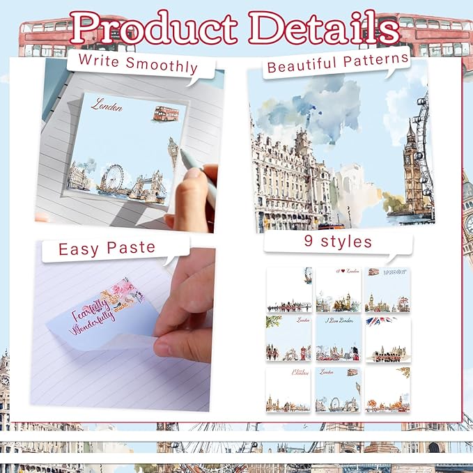 London Sticky Notes Gifts - 9 Pack Watercolor London City Notepads 3x3 Inches, Traveler Souvenirs Self-Stick Memo Pad Office School Supplies for Students Coworkers (450 Sheets)