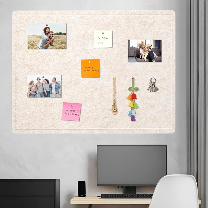 Bulletin Board, 23.5 X 17.5 inches Cork Board with 20 Pushpin, Felt Cork Board Notice Pin Board, Self-Adhesive Vision Board Mood Board Foldable Photo Board for Wall - Oatmeal