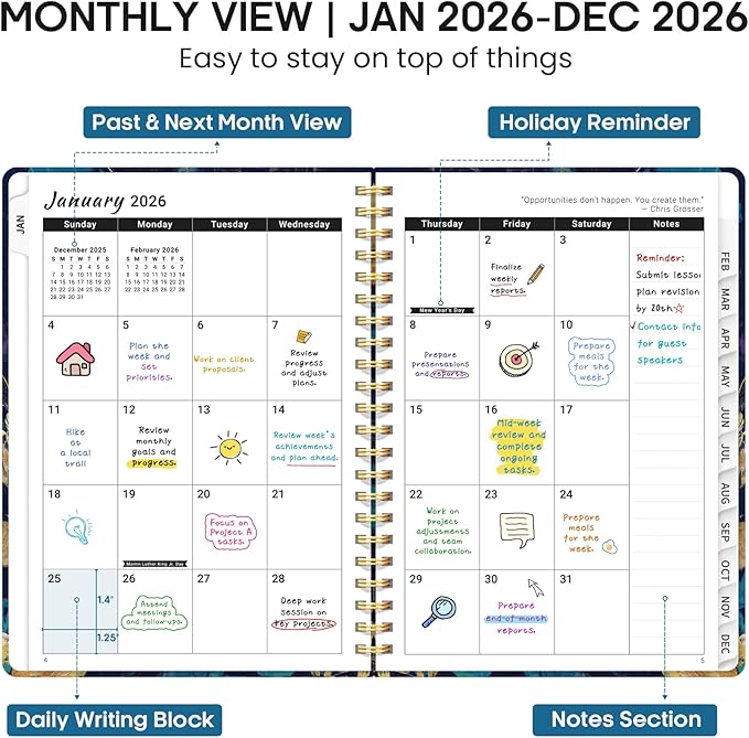 2026 Planner, Weekly and Monthly Calendar Planner Book, January 2026 - December 2026, Hardcover Spiral Planner with Monthly Tabs, Notes Pages, Perfect for Women & Men, A5 (6.4" x 8.5") - Turquoise Fowers