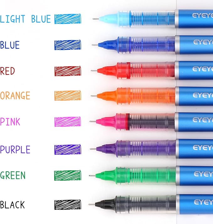 EYEYE 0.5mm Roller Ball Pens 8 Assorted Colors, Quick Drying Liquid Ink Needle Rollerball Pens Extra Fine Point Smooth Writing Pen for Journaling, Note Taking, Office, School Supplies & Gifts