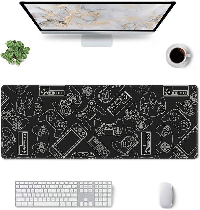 Video Game Controller Black Background XL Large Mouse Pad with Stitched Edges Long Non-Slip Rubber Base Mousepad Laptop Keyboard Mat Desk Pad for Office Home Desk Decor, 31.5" X 11.8"