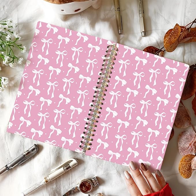 LIANGW Coquette Pink Bow Notebook Journal for Teen Girls & Women, Preppy Cute Journal Gifts for Women, Girly Gifts, Pink Bow Office Supplies, Hardcover Spiral Notebook, 5.5x8.3 Inch