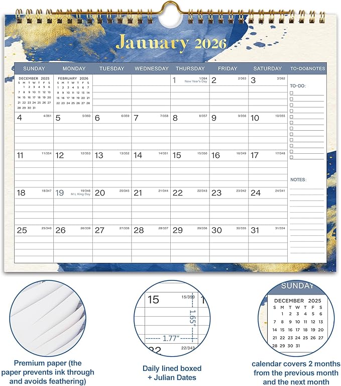 2026 Calendar - 12 Monthly Wall Calendar 2026, January 2026 - December 2026,11.5" x 14.8", 2026 Calendar with Twin-Wire Binding, Hanging Hook, Blocks and Julian Dates (Wall Calendar Blue)