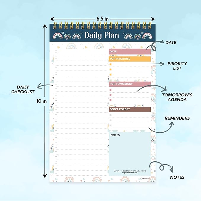 Decorably 52 Sheets Boho Rainbow Undated Daily Planner Notepad, 6.5x10in Spring-Bound, Easy Tear-Off Design, with to-do List, Priorities, Checklist, Agenda, Reminders, Notes - Home, School, Office