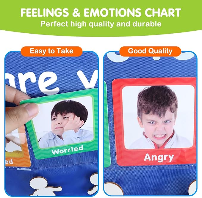 Eamay Emotions and Feelings Pocket Chart for Kids with 31 Cards,Social Emotional Learning Pocket Chart for Classroom and Home-School,Blue