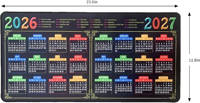 Mouse Pad with Stitched Edge, Black Mousepad, 2026 Calendar Pad, Computer Mouse Mat with Non-Slip Rubber Base, 2027 Calendar Mouse Pad (Black, 23.6 * 11.8 inches)