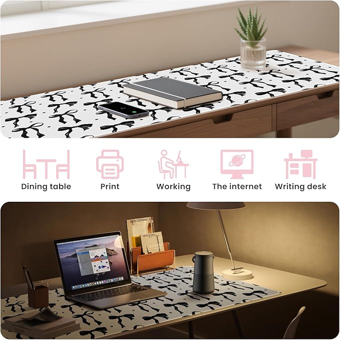 Cute Mouse Pad, Black and White Desk Mat with Bows Computer and Keyboard Mat, Non-Slip Rubber Base Laptop PC Pad, XXL Large Mouse Mat Desktop Pad Home Office Accessories for Girl 35.4 x 15.7in
