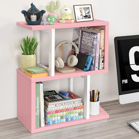 Desktop Bookshelf for Top of Desk Shelf - Pink Book Organizer 3-Tier Shelves Storage Small Bookcase Hutch for Dorm Office College