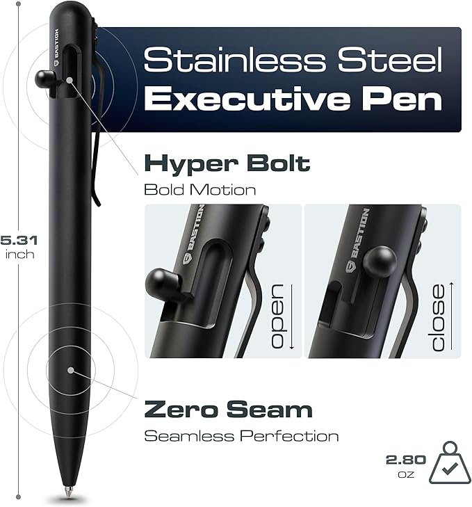 BASTION Stainless Steel Bolt Action Pen - exclusive Hyperbolt & ZeroSeam, CNC Machined EDC Writing Tool, Refillable, Executive Gift Pen - Black