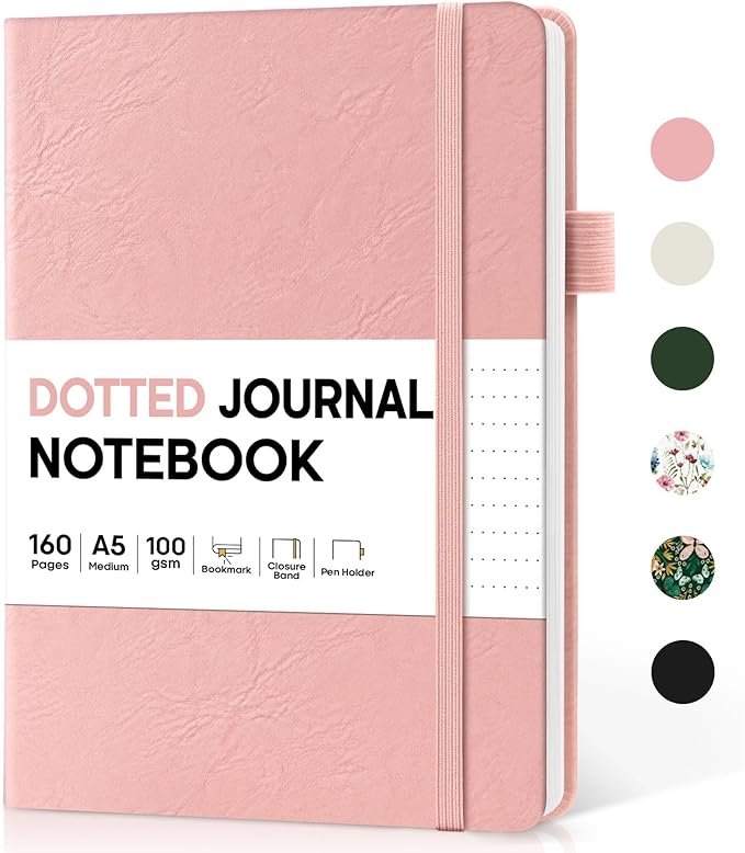 Taja Dotted Journal Notebook for Women & Men, Hardcover Leather Journal for Writing, A5 Dotted Journaling Notebook for Work & Sketching, Perfect for Office School Home Supplies, 160 Pages, Pink