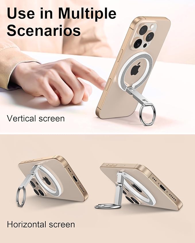 AILKIN Magnetic Phone Stand with Ring Holder for iPhone 17 Pro Max, MagSafe Finger Ring Magnet Grip, Adjustable Kickstand Loop for Phone Case, iPhone Stand Grip, Samsung Holder Kickstand-Silver Bling