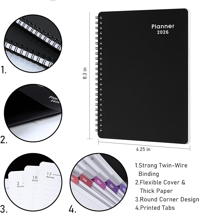 2026 Planner - Weekly & Monthly Planner 2026, Planner 2026, From January 2026 - December 2026, 6.25 in × 8.3 in, Flexible Cover, Twin-Wire Binding - Classic Black, Improving Your Time Management Skill