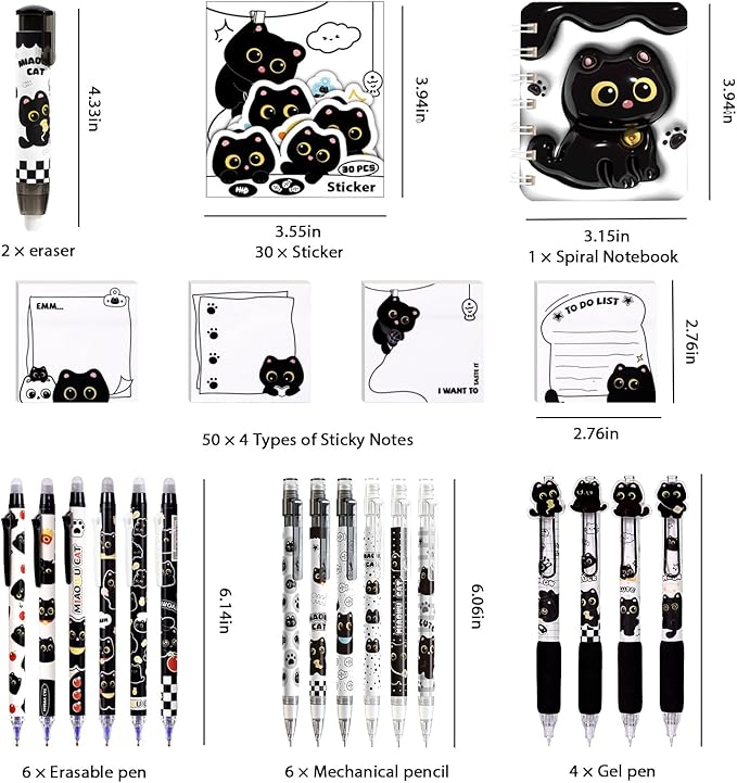 Black Cute Cat Stationery Set Cat School Supplies Including Sticky Notes,Mechanical Pencils,Eraser,Notebook,Stickers etc Kawaii Birthday Christmas Gifts Classroom Rewards (Black Cute cat)