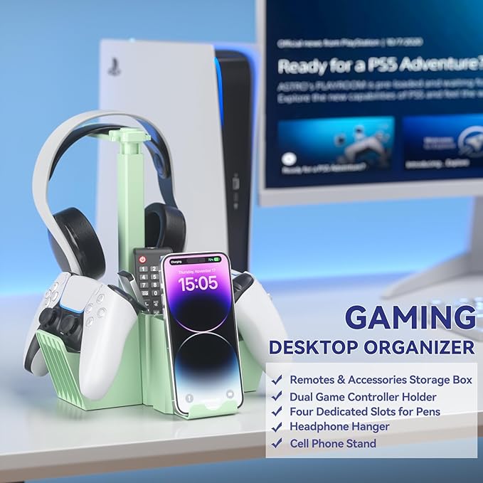 KDD Dual Controller Holder with Headphone Stand - Multi-Functional Desk Storage Box with Phone Holder - Universal Controller Stand with Desktop Organizer for Remote Control Pen Accessories(Green)