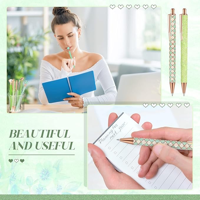 6 Pcs Ballpoint Pens Set Metal Crystal Diamond Pen for Journaling Glitter Pretty Cute Stationery Black Ink Fancy Gifts for Women Girls Teacher Office Wedding School Supplies(Green Series)