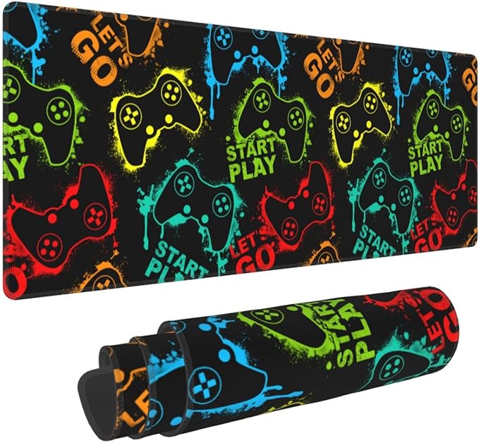 Colorful Silhouettes Game Joystick XL Large Mouse Pad with Stitched Edges Long Non-Slip Rubber Base Mousepad Laptop Keyboard Mat Desk Pad for Office Home Desk Decor, 31.5" X 11.8"