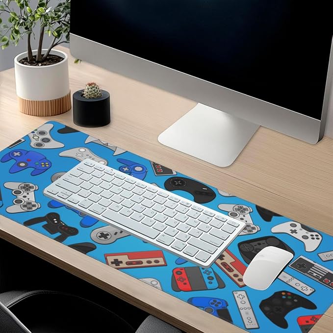 Video Game Controller Blue Mouse Pads XXL Extended Mousepad with Stitched Edges Gaming Theme Non-Slip Rubber Base Computer Keyboard Pad Desk Mat for Home Office Desk Decor, 35.4" X 15.7"