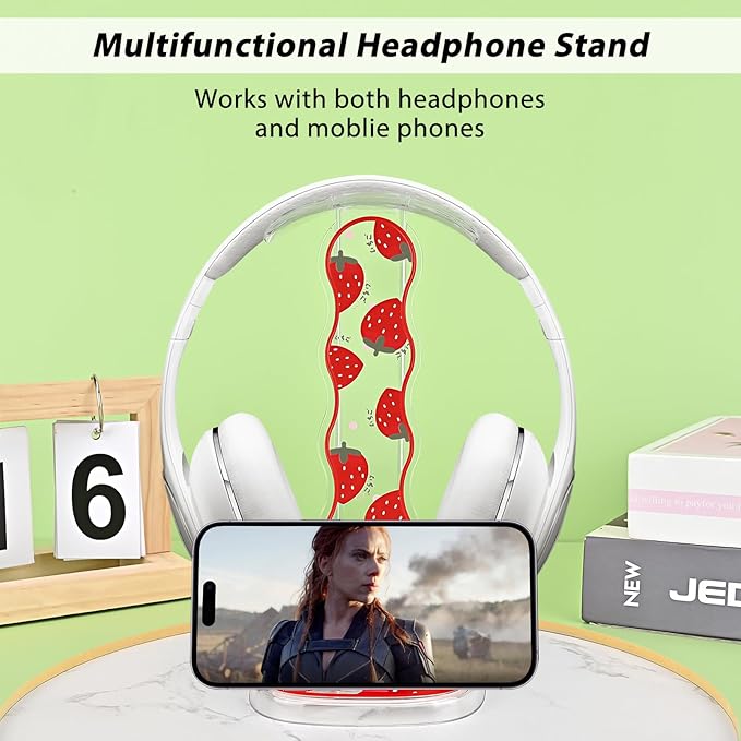 CamyCosy Headphone Stand Gaming Headset Holder for Desk,Clear Pretty Strawberry Flowers Pattern Cellphone Stand Earphone Stand Desk Accessories for All Headphones Size