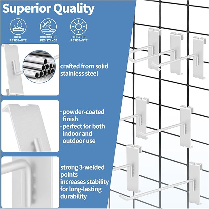 20Pcs Gridwall Hooks, Metal Grid Panel Hanging Peg Hooks, Grid Wall Accessory for Clothes Storage, Home Organization, Retail Display (White, 8"/20Cm)