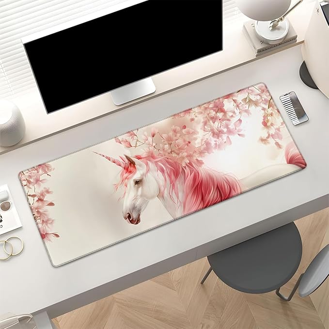 Elegant Unicorn Gaming Mouse Pad, Cute Unicorns with Pink Mane Large Desk Mat for Computer, Extended Keyboard Laptop Mouse Pads 31.5×11.8in, Non Slip Rubber Mousepad for Office Decor Gifts