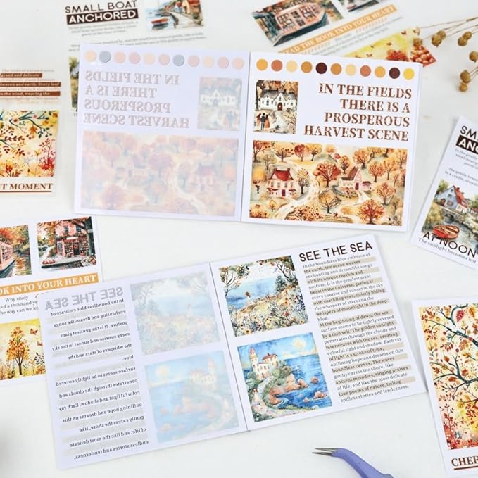 40 Sheets Diecut Washi Sticker Books for Scrapbooking, Summer Seaside Coastal Waves and Gold Fall Fairytale Theme Decorative Stickers for Journaling, Junk Journal Supplies, Scrap Book