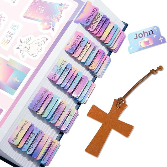 Bible Tabs with Cross Bookmark, Rainbow, Large Print, Plastic, 2 Count