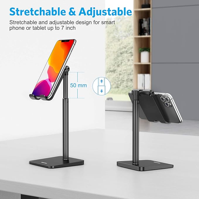 OMOTON Cell Phone Stand, Adjustable Angle Height Desk Phone Dock Holder for iPhone Air /17/17 Pro/XS Max/XR, Samsung Galaxy S20 / S10 / S9 / S8 and Other Phones (3.5-7.0-Inch), Black